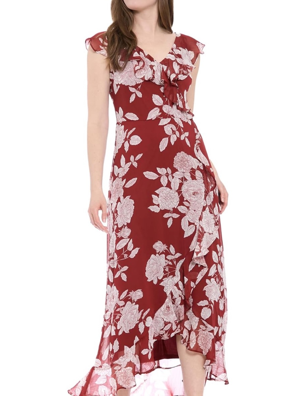 Chiffon Faux Wrap Ruffle Maxi Dress